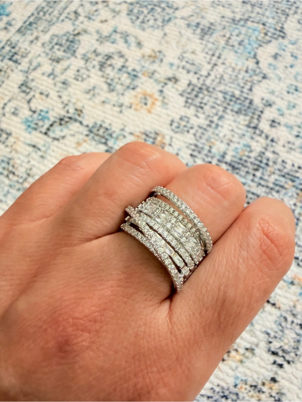 Silver Multi-Row Pavé Diamond Statement Ring Bridal Rings Size 8 - Picture 2 of 5